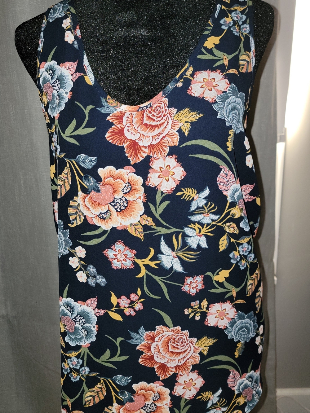 LOFT Navy Floral Scoop Neck Tank with Pink, Blue and Orange Blooms